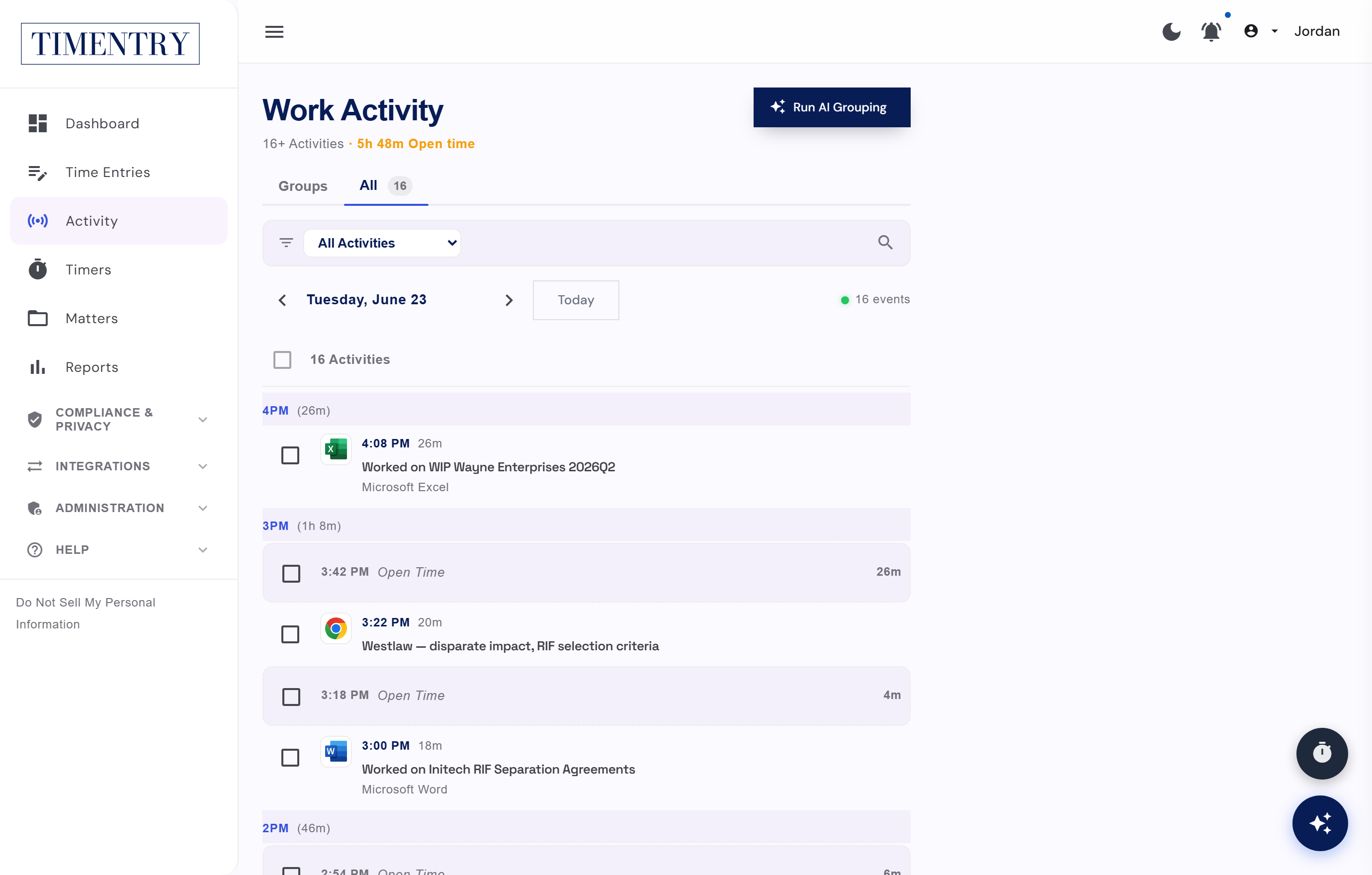 TIMENTRY Work Activity screen — captured activity ready for AI grouping into billable sessions