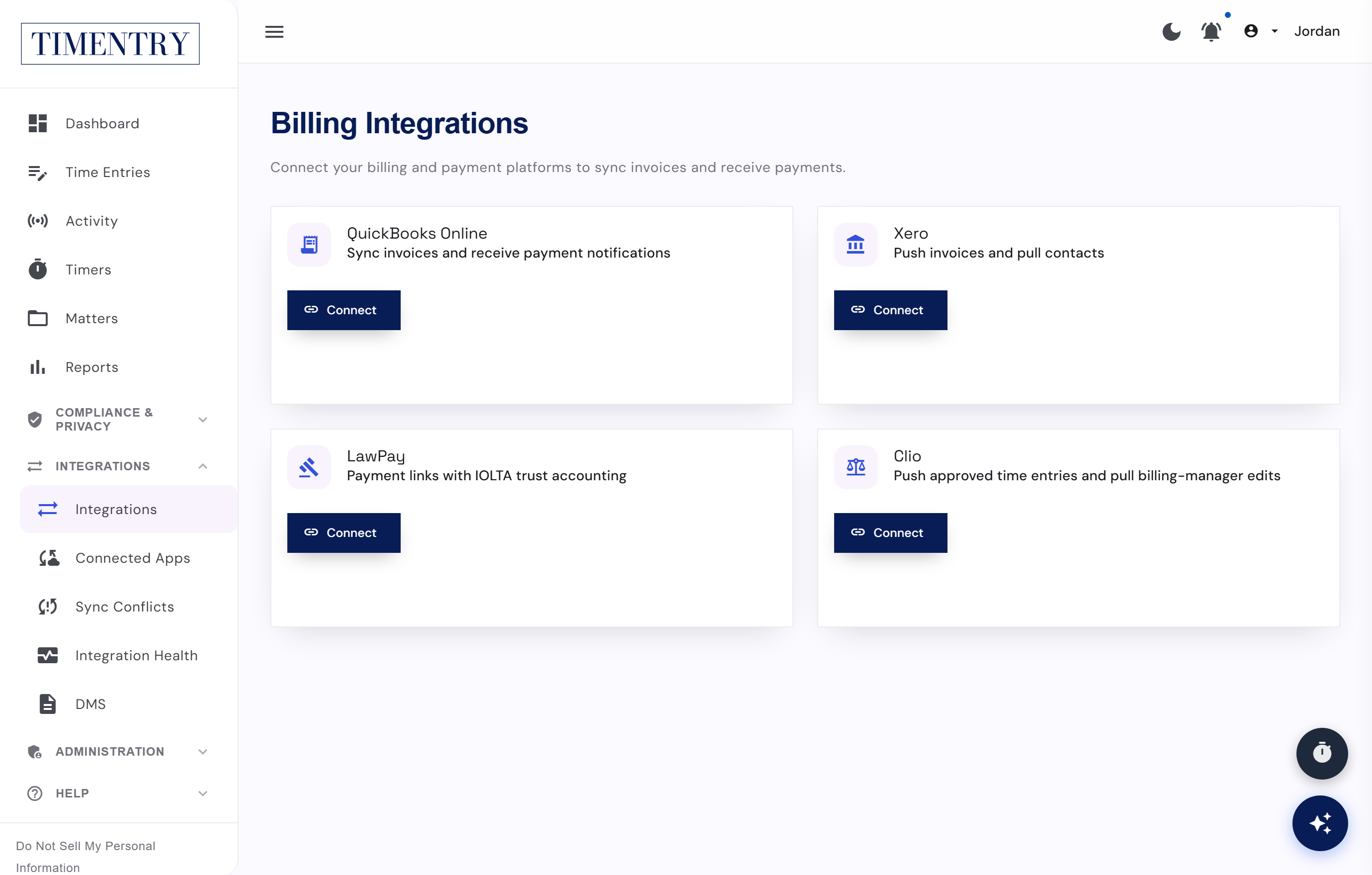 TIMENTRY Billing Integrations screen — connect QuickBooks, Xero, LawPay and Clio