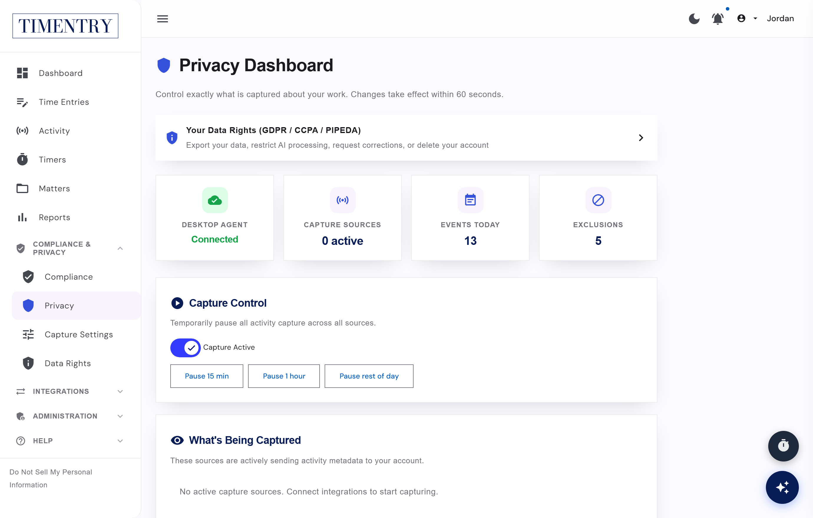 TIMENTRY Privacy Dashboard — control exactly what is captured, with GDPR and CCPA data rights
