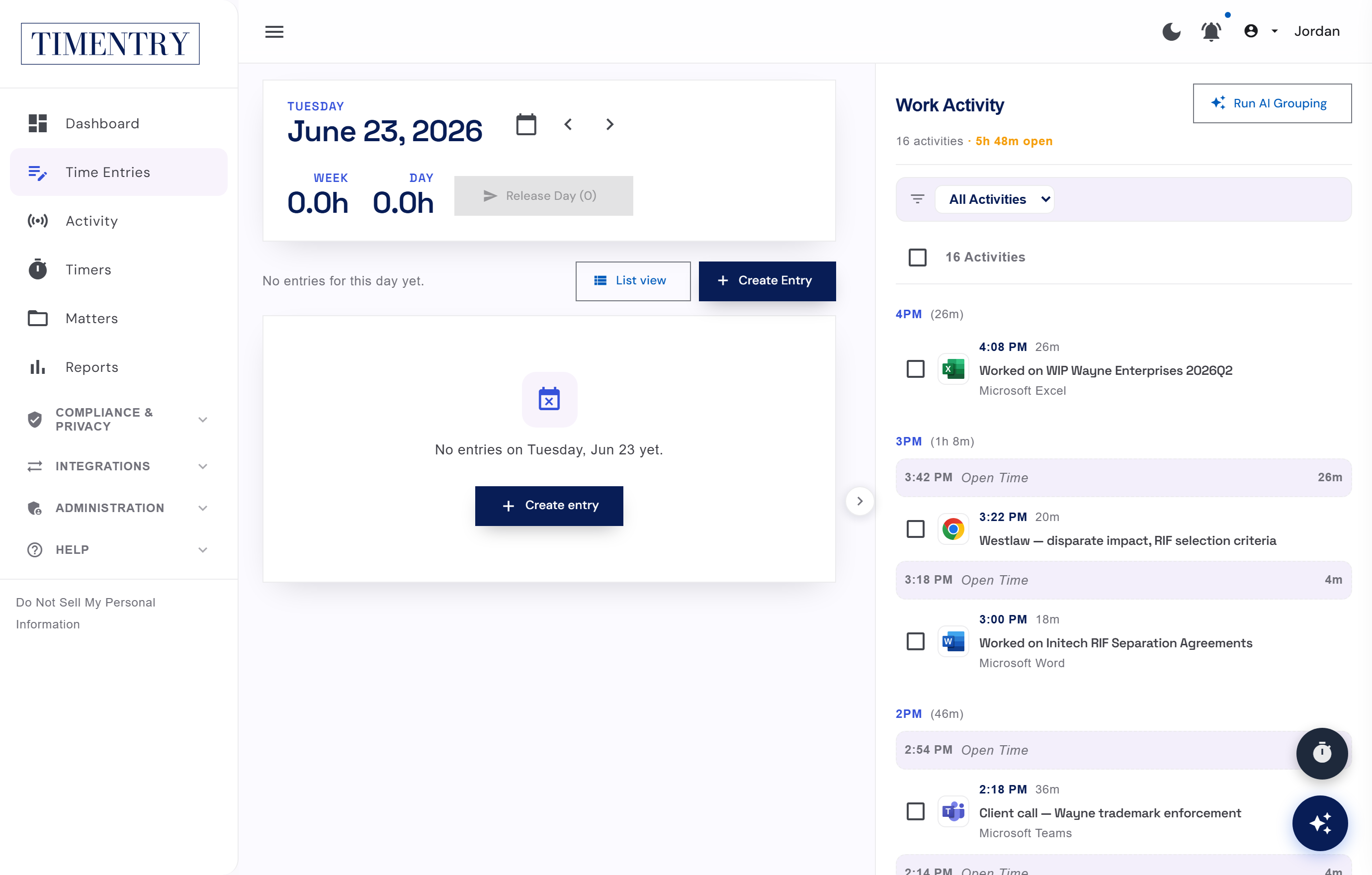 TIMENTRY time-entries workspace — AI-captured activity ready to review and bill